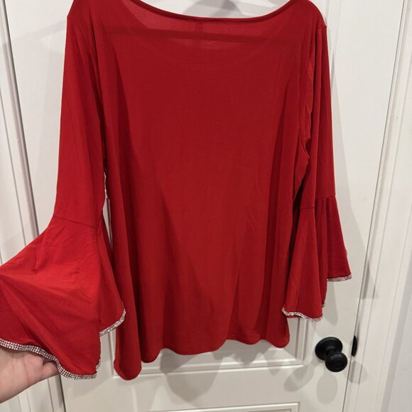 EUC 2xl NY Collection Women Red Bell Sleeve Top with Rhinestones Glam Party NYE - Picture 7 of 7